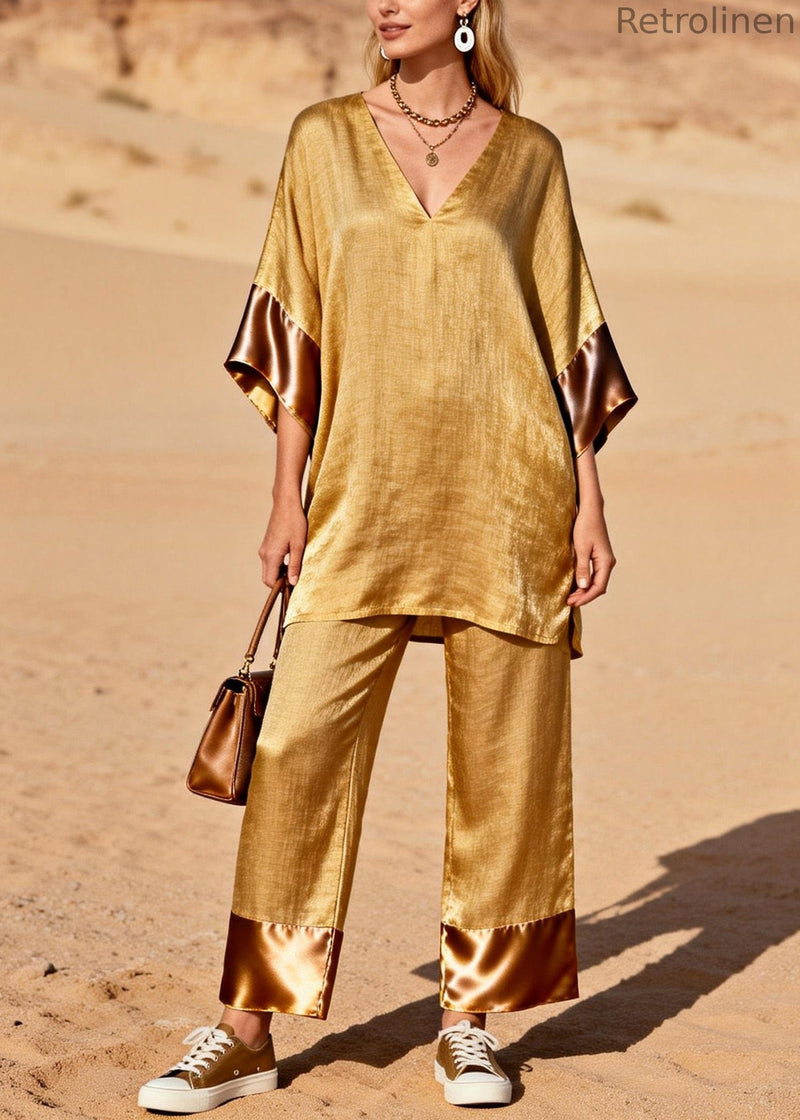 Style Gold V Neck Silk Patchwork Linen 2 Piece Outfit Summer