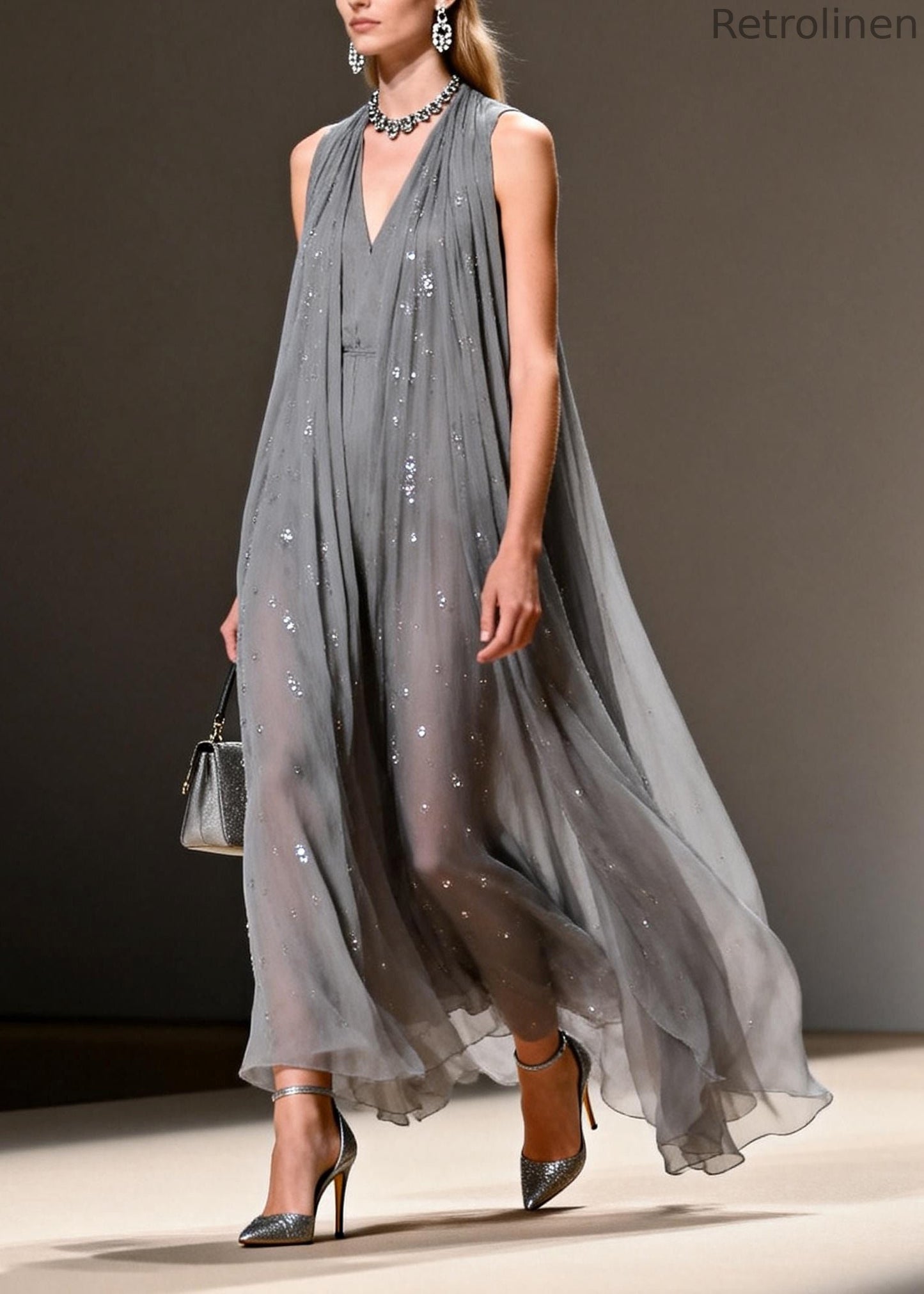 Grey Sequins Chiffon Long Dress Sleeveless