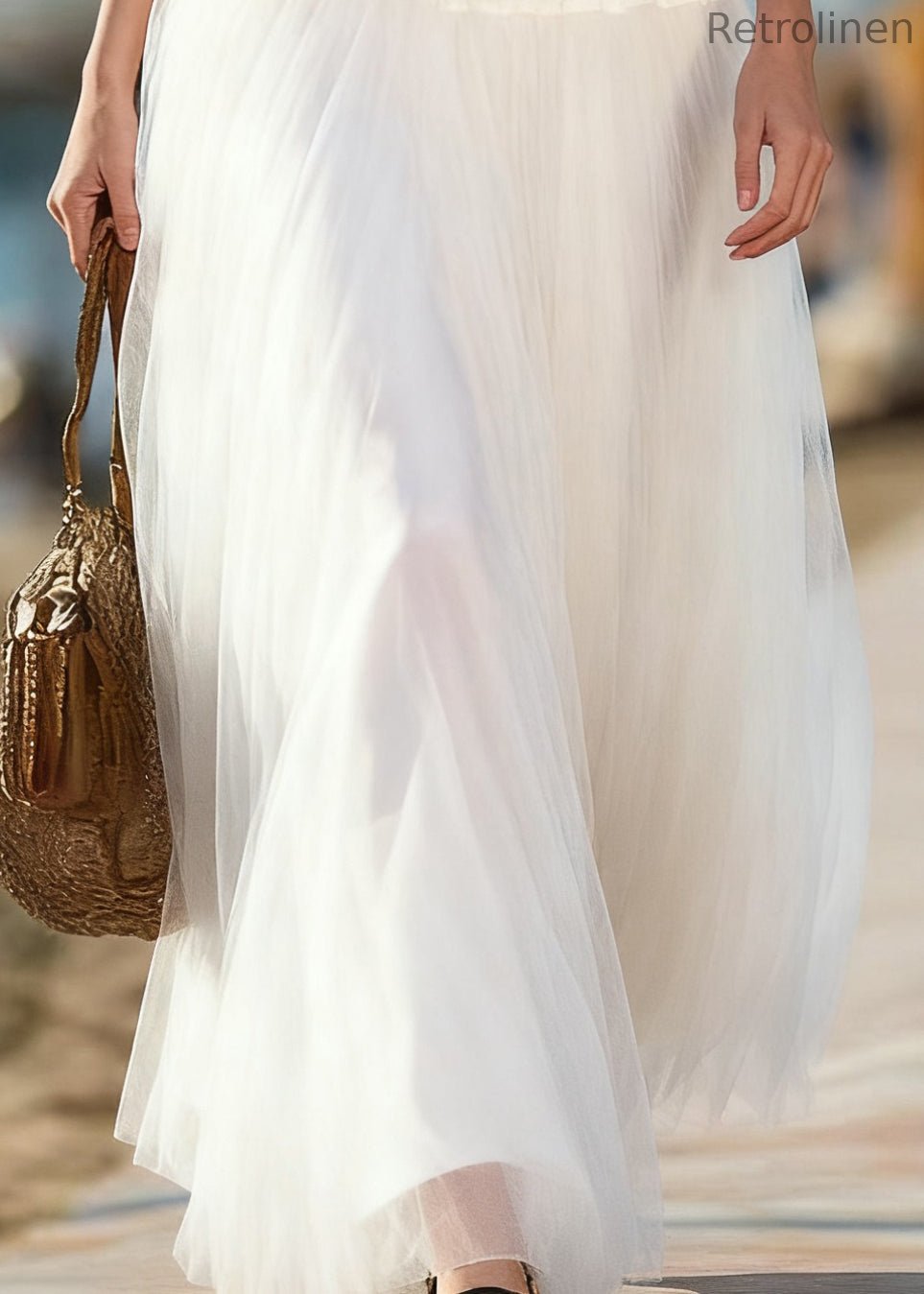 Art Beige Elastic Waist Tulle Skirts Summer