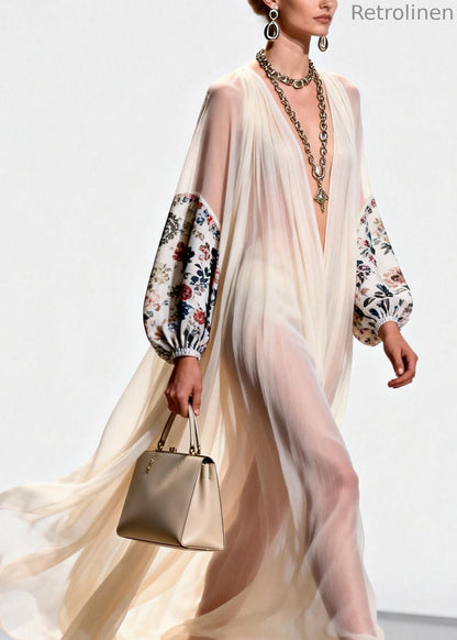 V Neck Print Patchwork Chiffon Dress Spring