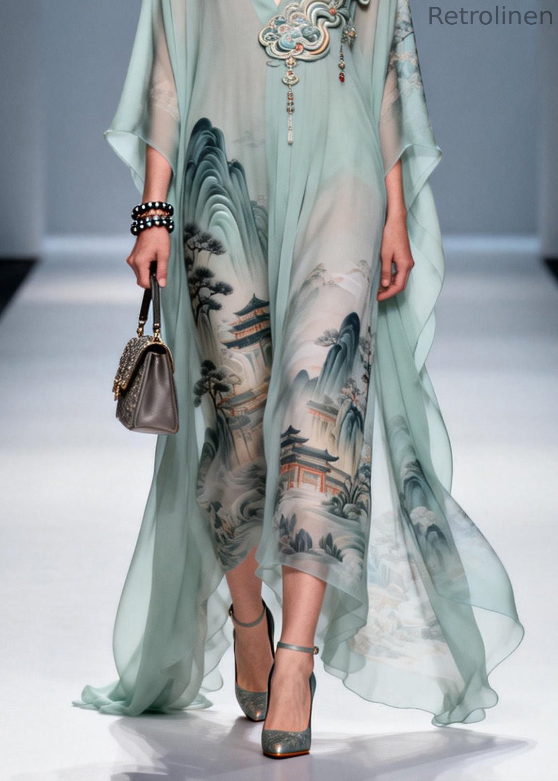 Original Design V Neck Print Chiffon Maxi Dress Summer