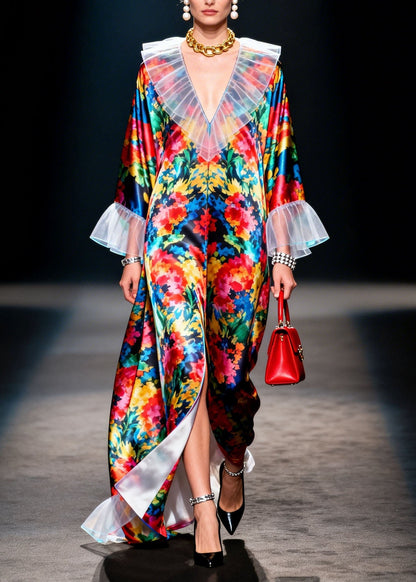 V Neck Ruffled Print Patchwork Chiffon Robe Dresses Spring