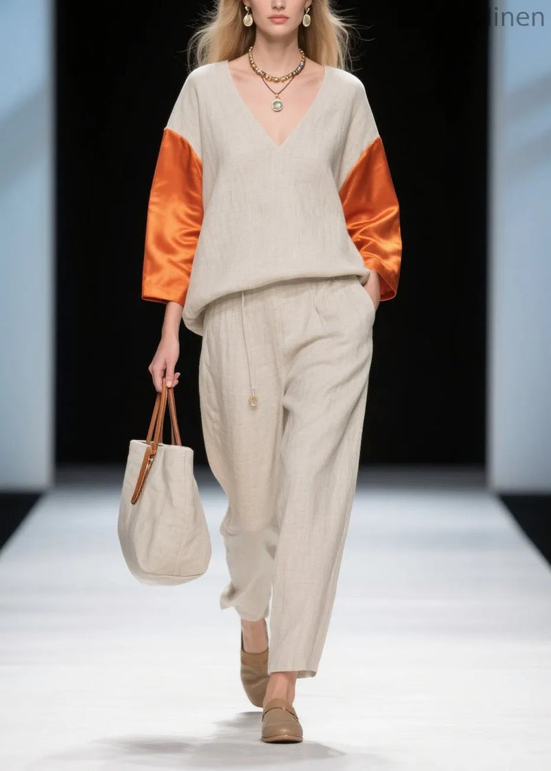 New Colorblock V Neck Patchwork Linen Silk Two-piece Set Spring