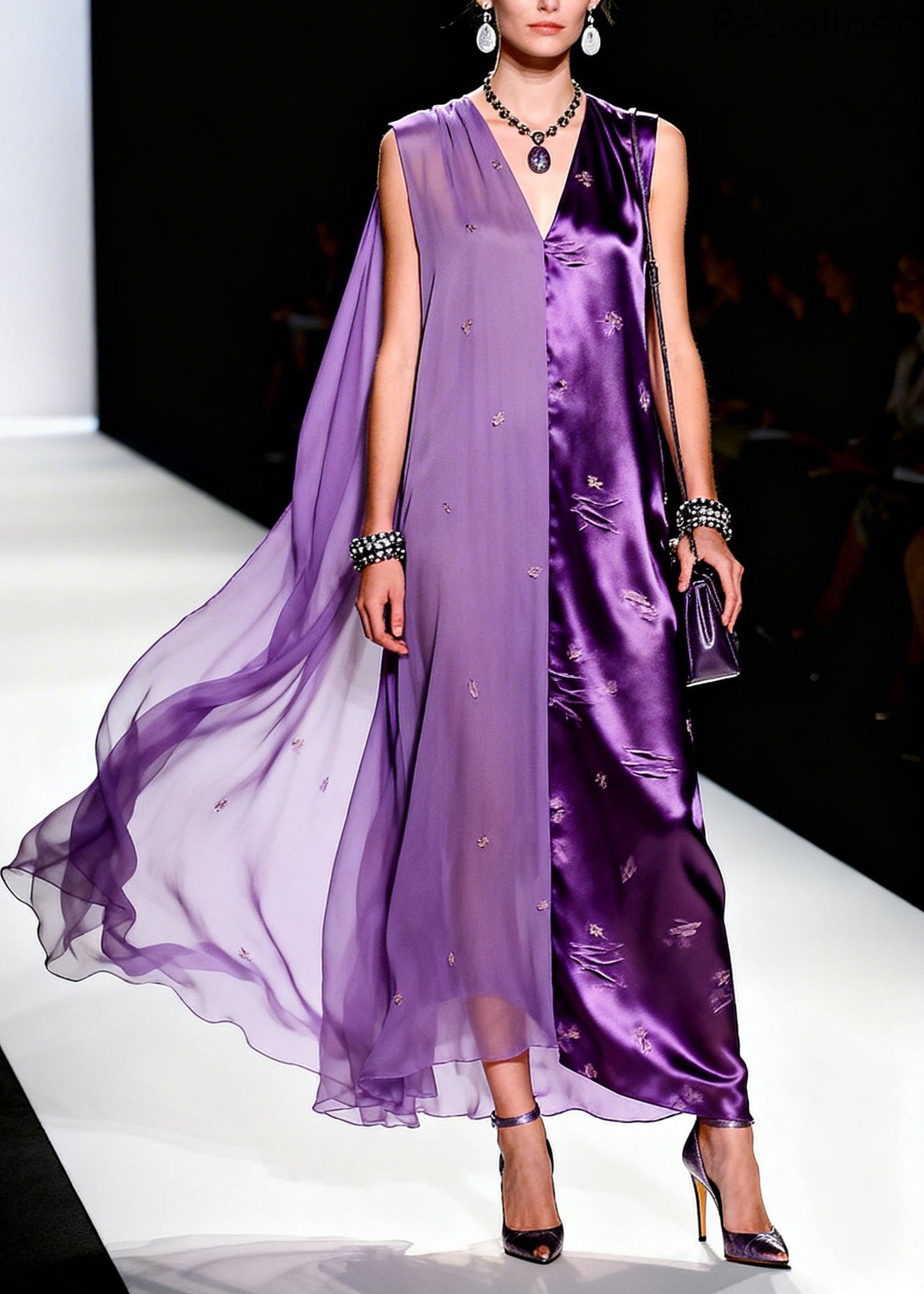 Italian Purple Asymmetrical Patchwork Silk Long Dress Sleeveless