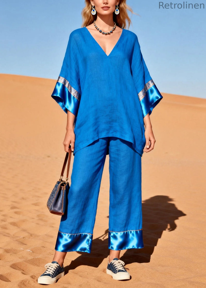 Fitted Blue Oversized Patchwork Silk Cotton Two Piece Set Clothing