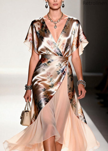 New V Neck Print Patchwork Silk Maxi Dresses Summer