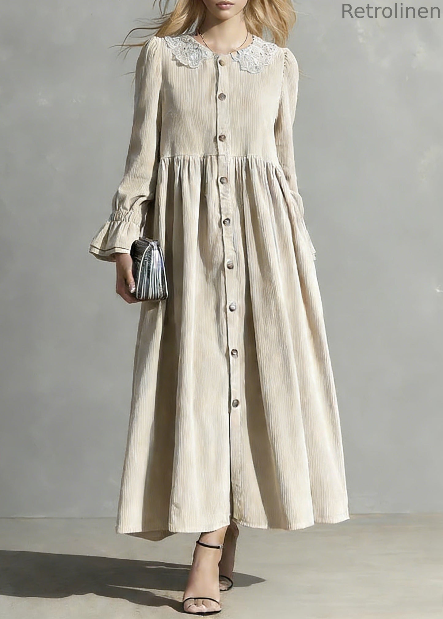 Apricot Peter Pan Collar Button Corduroy Blouses Dresses Spring