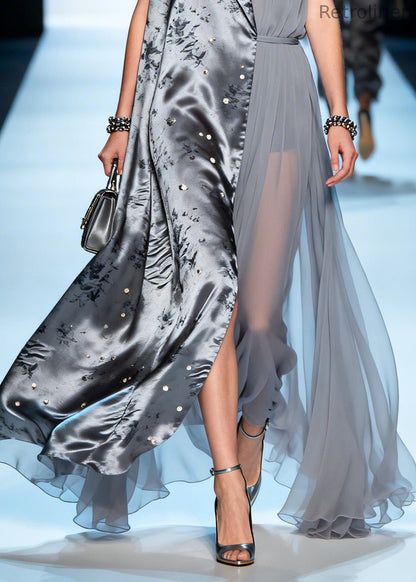 Grey Asymmetrical Patchwork Chiffon Fake Two Piece Dress Summer