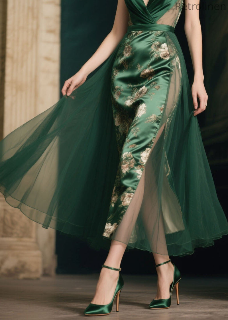 Italian Green V Neck Print Patchwork Silk Spaghetti Strap Dress Summer