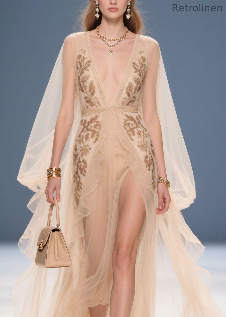 French Beige V Neck Print Chiffon Long Dresses Summer
