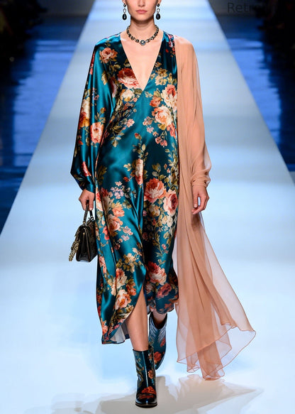 Modern V Neck Print Patchwork Silk Maxi Dresses Spring