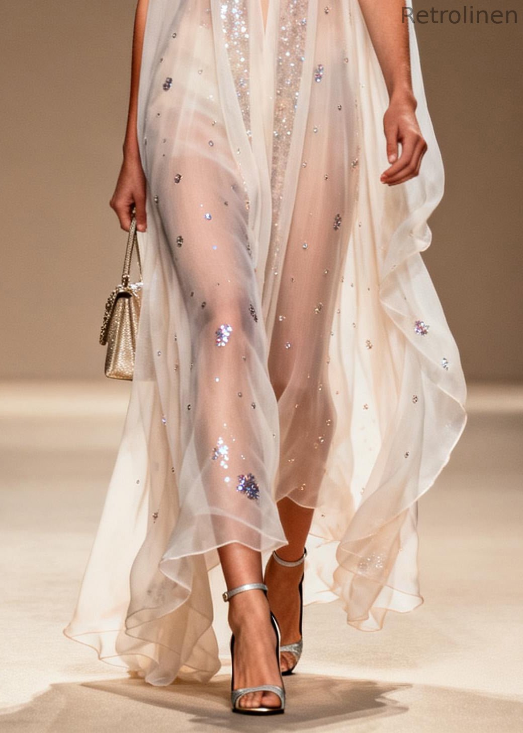 Modern White Sequins Rhinestone Chiffon Mesh Dress Summer