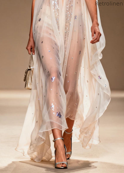 Modern White Sequins Rhinestone Chiffon Mesh Dress Summer