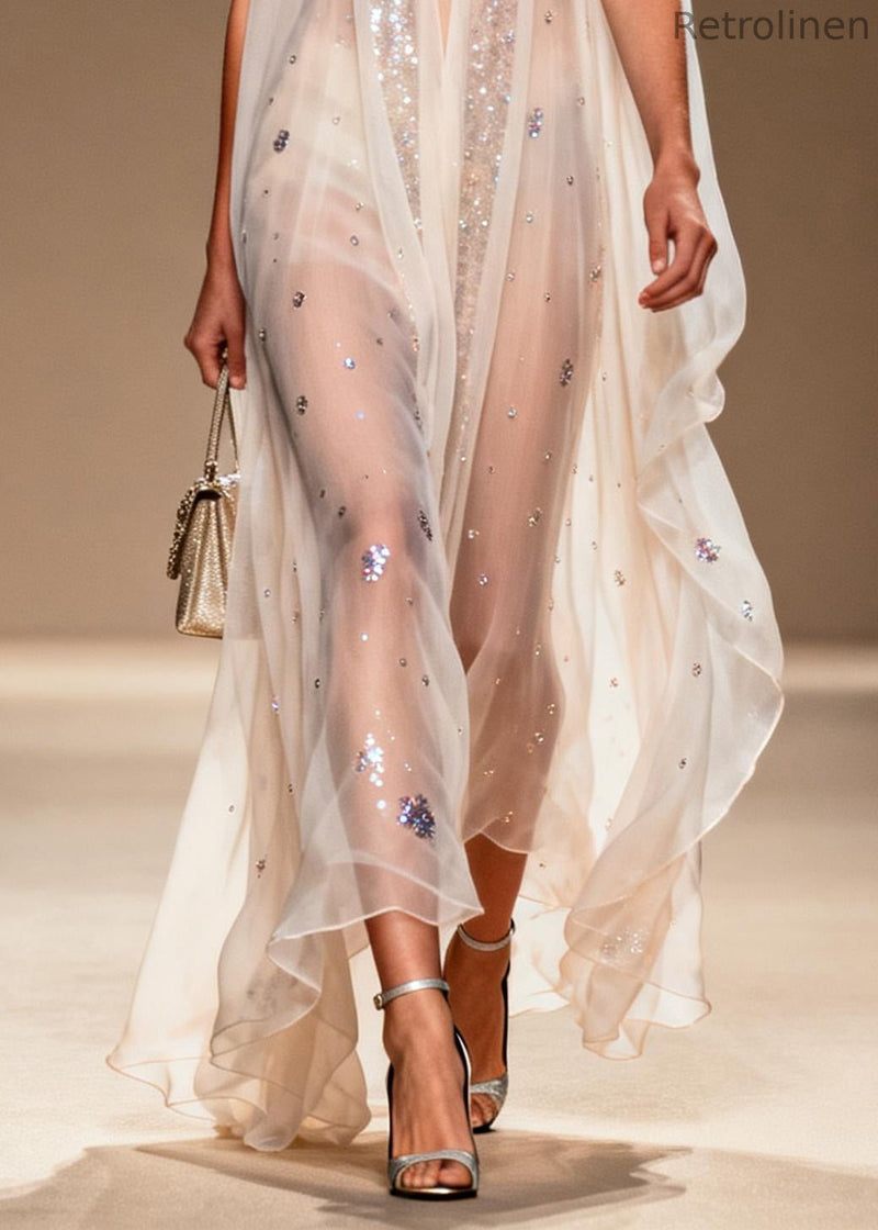 Modern White Sequins Rhinestone Chiffon Mesh Dress Summer
