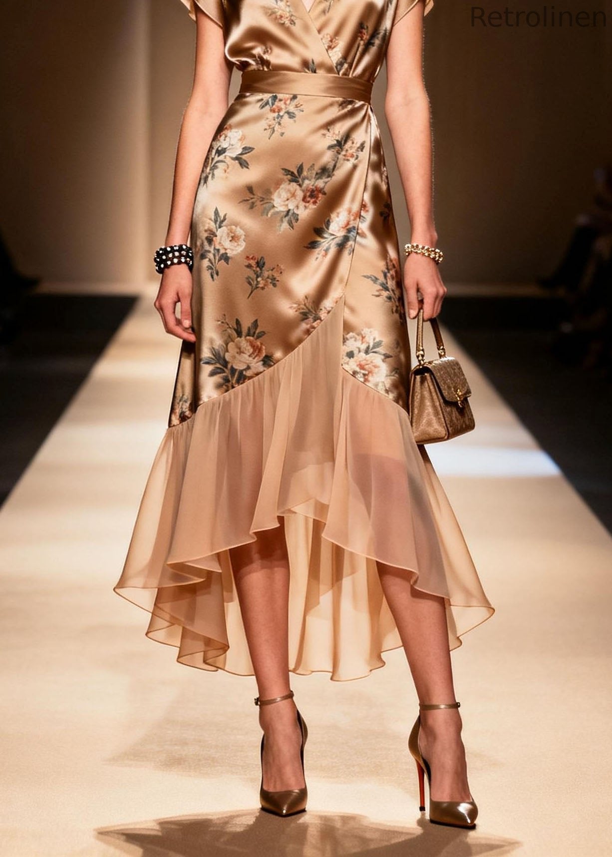 Art Ruffled Asymmetrical Print Patchwork Silk Dress Summer