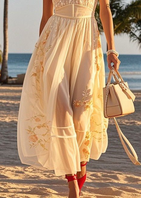 Beige Cold Shoulder Print Tulle Halter Dresses Summer
