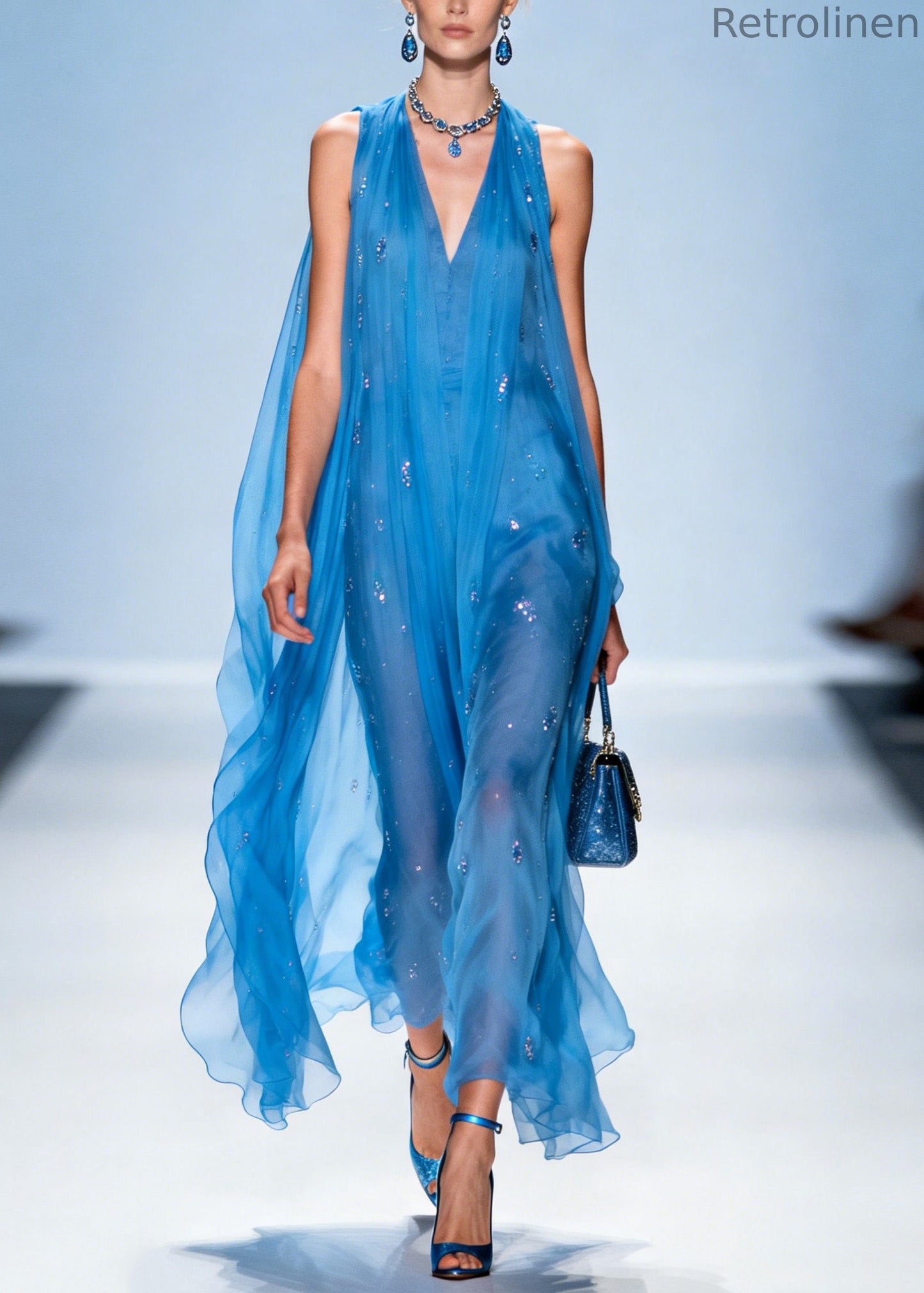 Blue V Neck Zircon Chiffon Dresses Sleeveless