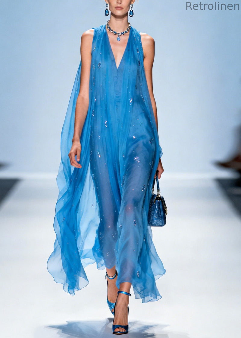 Blue V Neck Zircon Chiffon Dresses Sleeveless