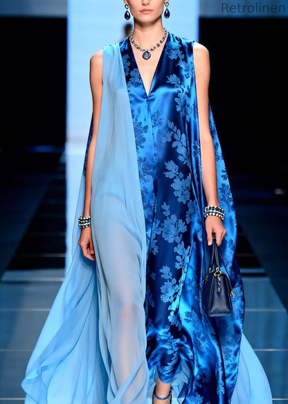 Stylish V Neck Asymmetrical Design Patchwork Chiffon Dresses Sleeveless