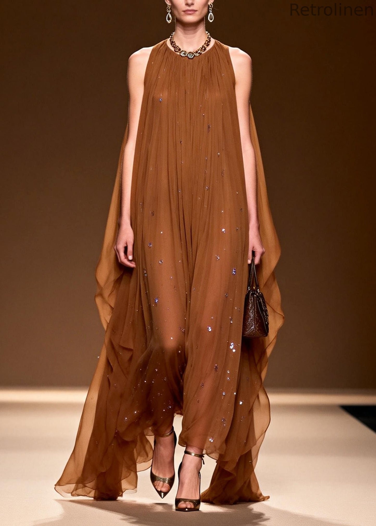 O Neck Zircon Chiffon Long Dress Sleeveless