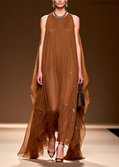 O Neck Zircon Chiffon Long Dress Sleeveless