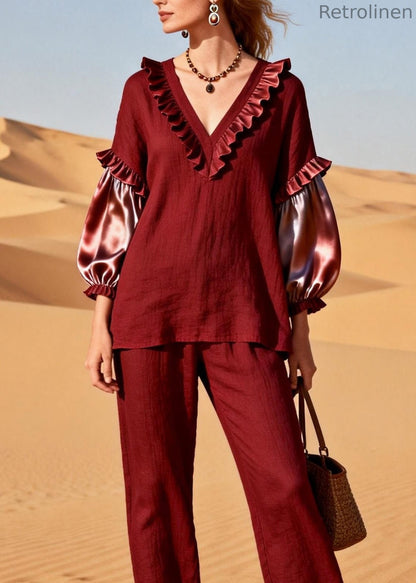 Red Ruffled Silk Patchwork Linen Two Pieces Set Spring