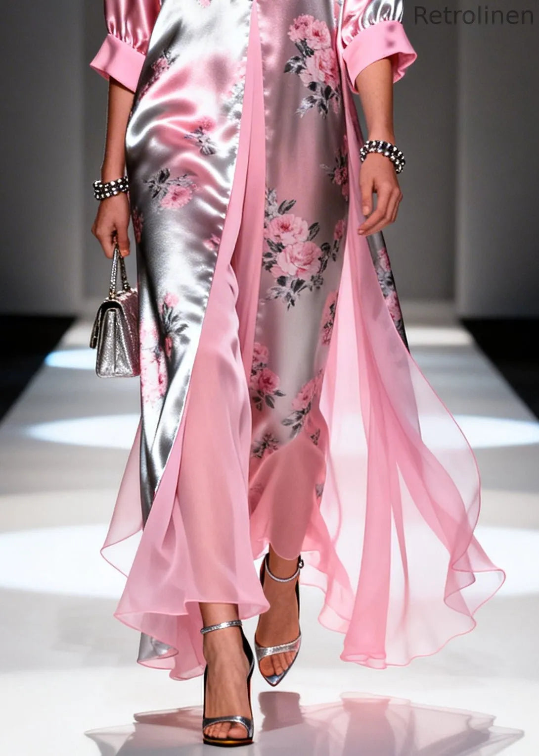 Italian Pink Print Patchwork Silk Fake Two Piece Dress Summer