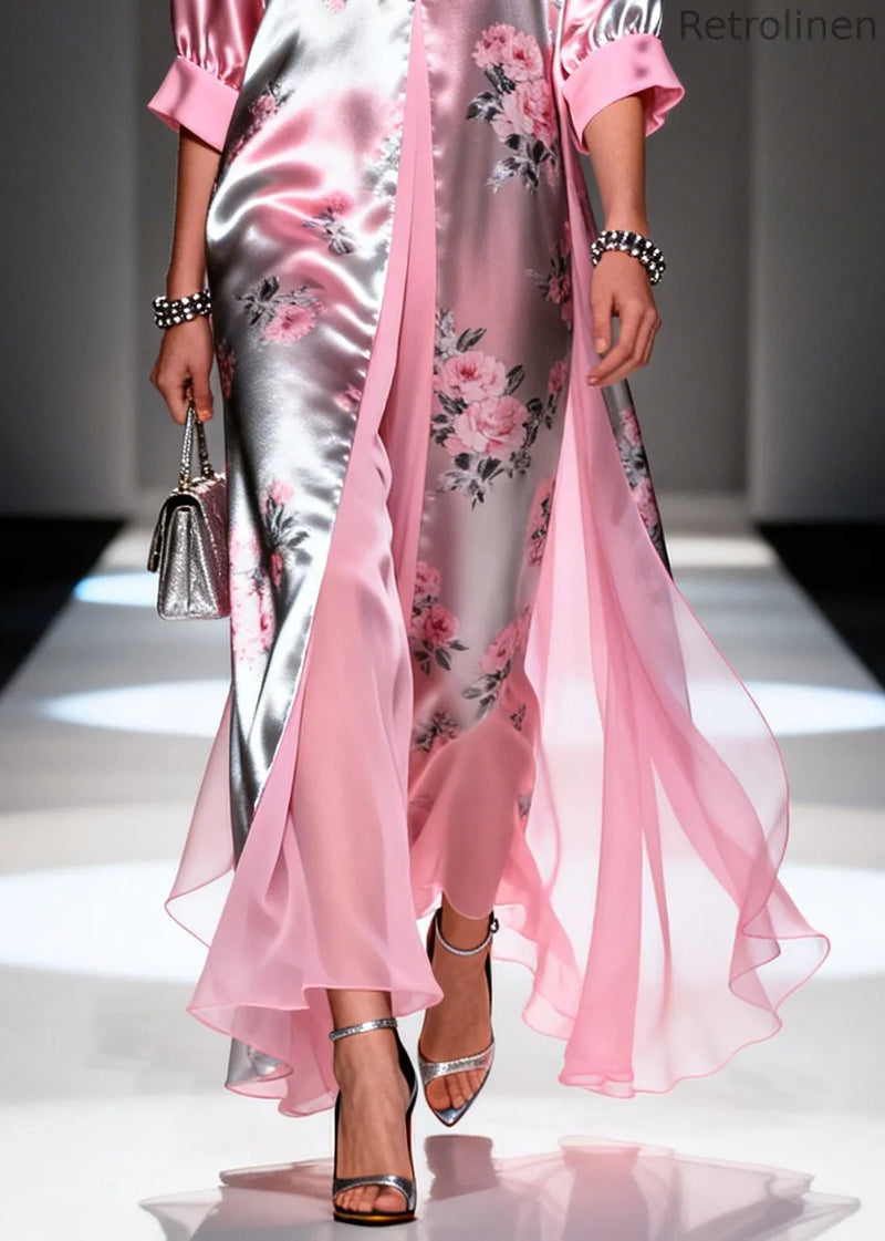 Italian Pink Print Patchwork Silk Fake Two Piece Dress Summer