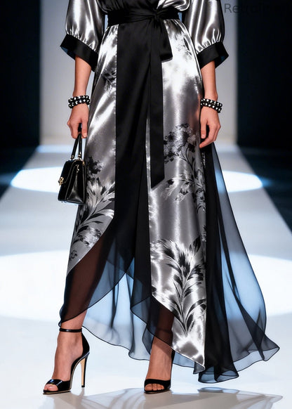 French Black Tie Waist Patchwork Chiffon Long Dress Summer