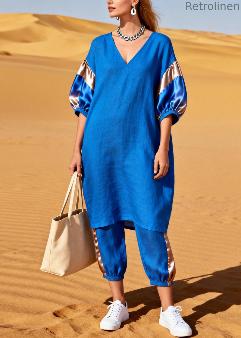 Blue Oversized Patchwork Silk Cotton Two Pieces Set Summer