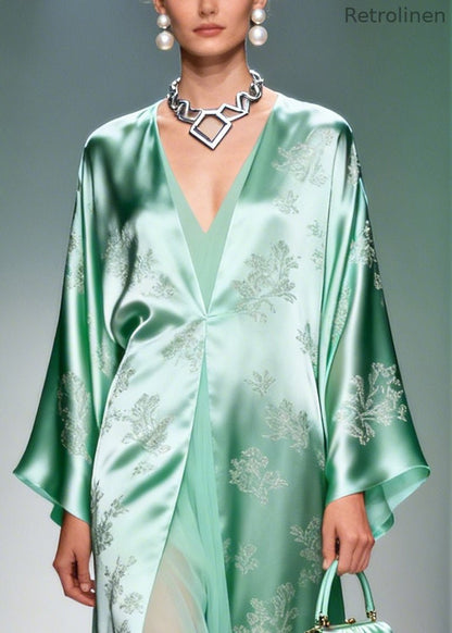 Art Lake Green Jacquard Patchwork Tulle Silk Long Dresses Spring