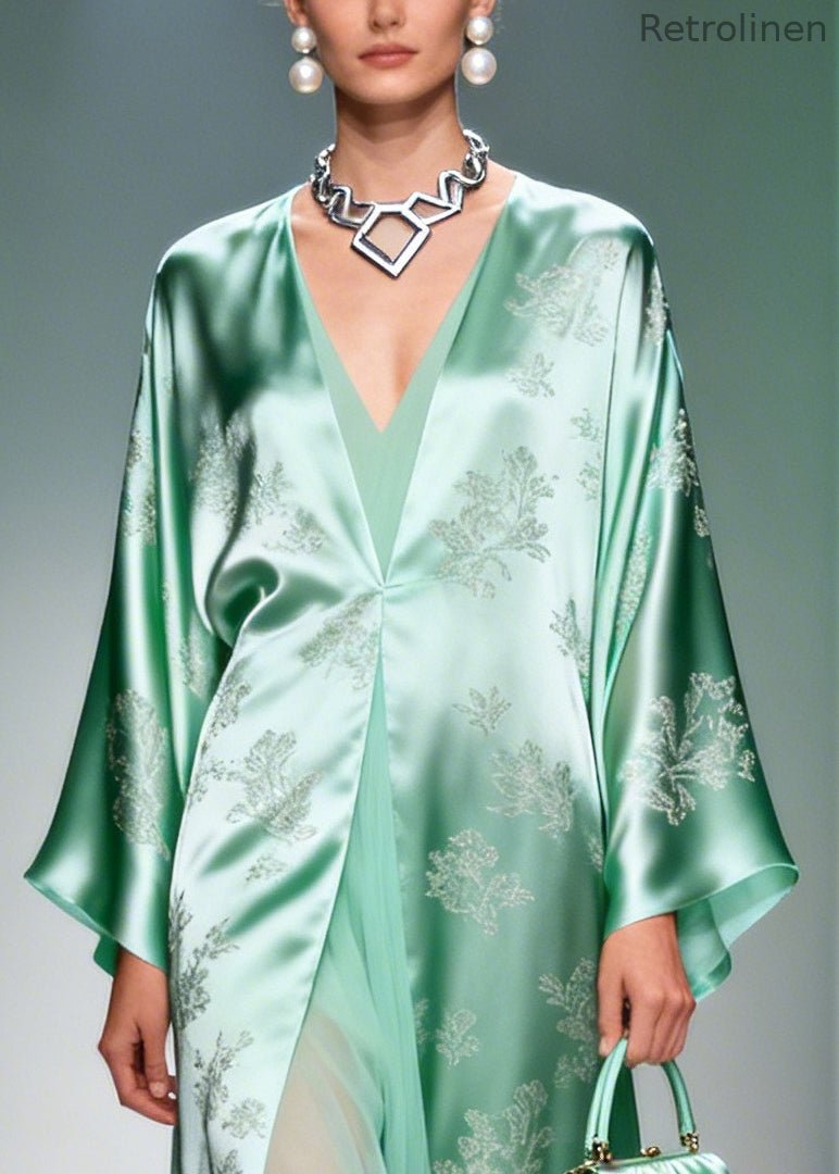 Art Lake Green Jacquard Patchwork Tulle Silk Long Dresses Spring