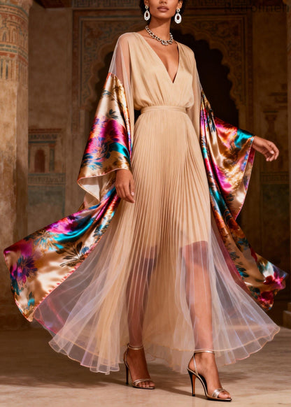 V Neck Print Wrinkled Patchwork Silk Dress Spring