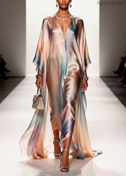 New Gradient Color V Neck Chiffon Long Dress Summer