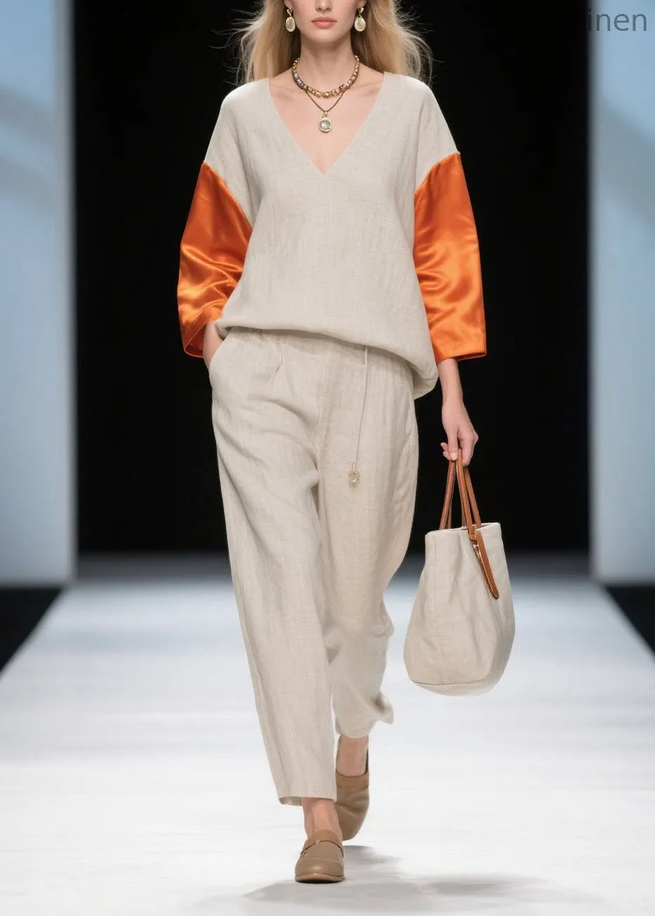New Colorblock V Neck Patchwork Linen Silk Two-piece Set Spring