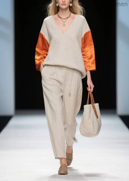 New Colorblock V Neck Patchwork Linen Silk Two-piece Set Spring