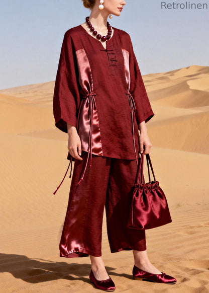 Red Tops and Crop Pants Patchwork Silk Linen Two Pieces Set Drawstring Spring