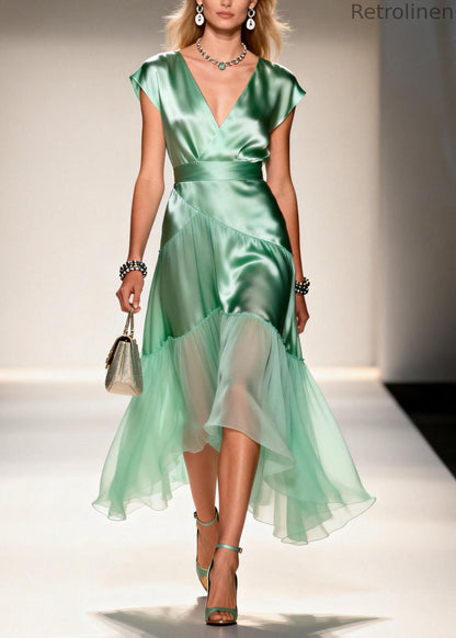 New Light Green V Neck Ruffled Patchwork Silk Dress Summer
