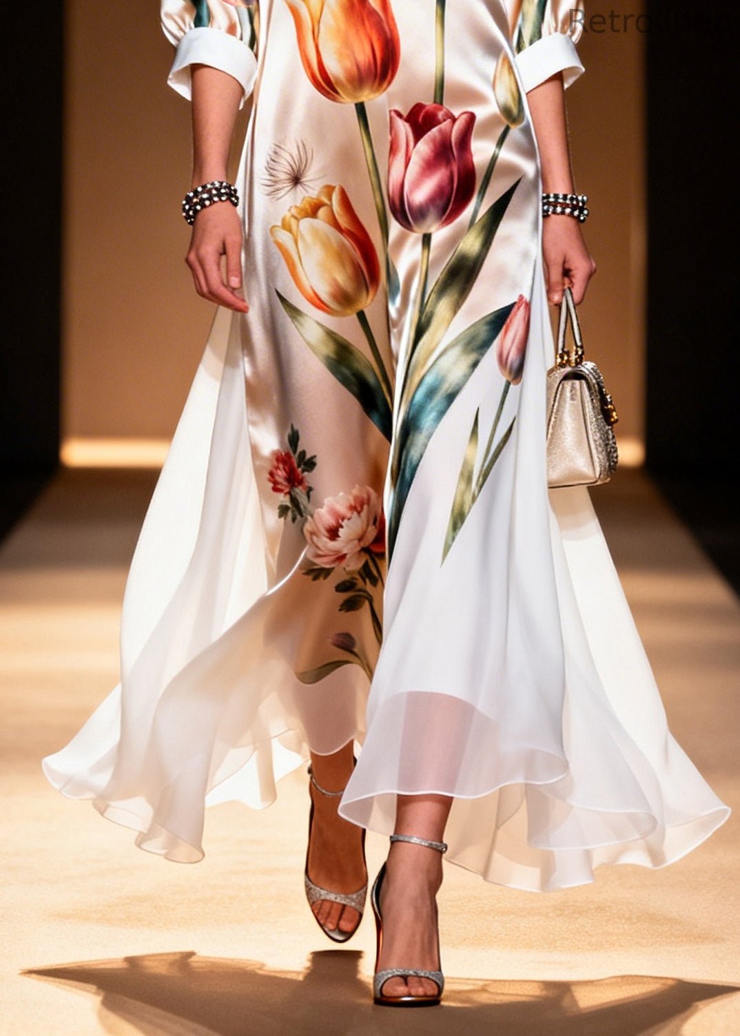 Unique Champagne Print Draping Silk Ankle Dress Summer
