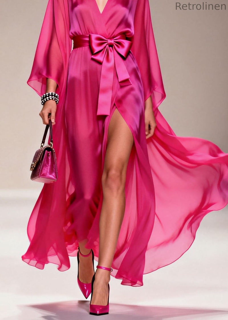 French Rose V Neck Side Open Bow Chiffon Dress Summer