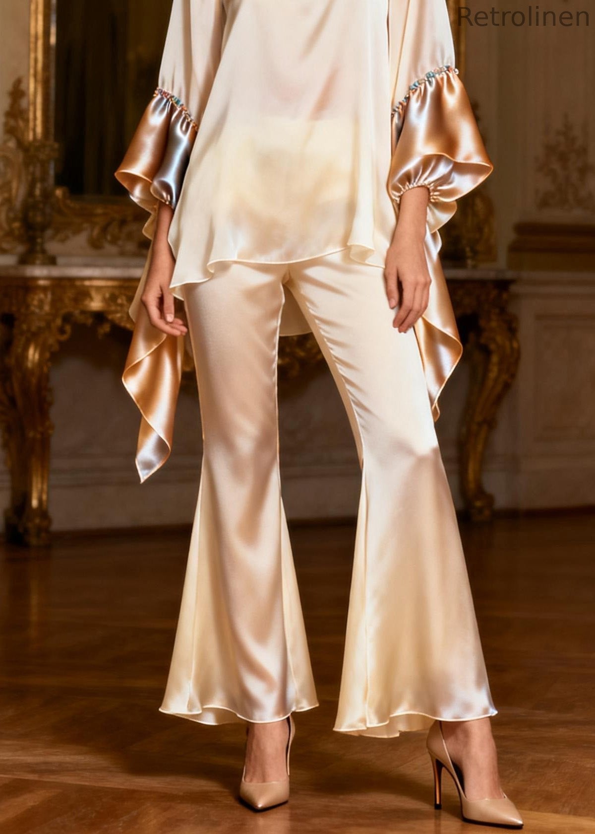 Stylish Square Collar Patchwork Silk Two Pieces Set Spring