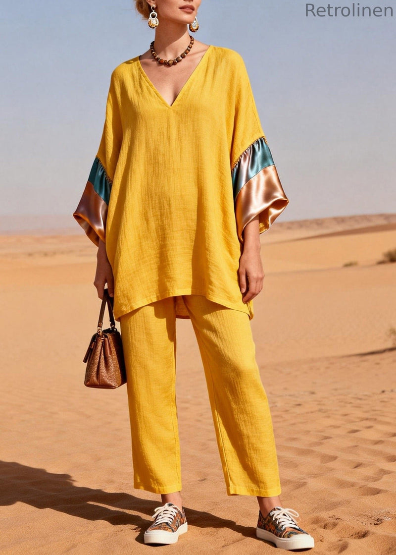 Yellow V Neck Silk Patchwork Linen Two Piece Set Summer