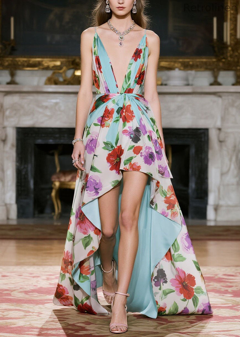V Neck Print Low High Design Chiffon Spaghetti Strap Dress Summer