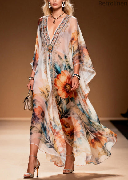 Style V Neck Print Chiffon Long Dresses Summer