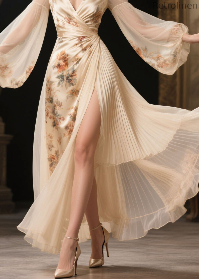 V Neck Print Chiffon Patchwork Silk Maxi Dresses Spring