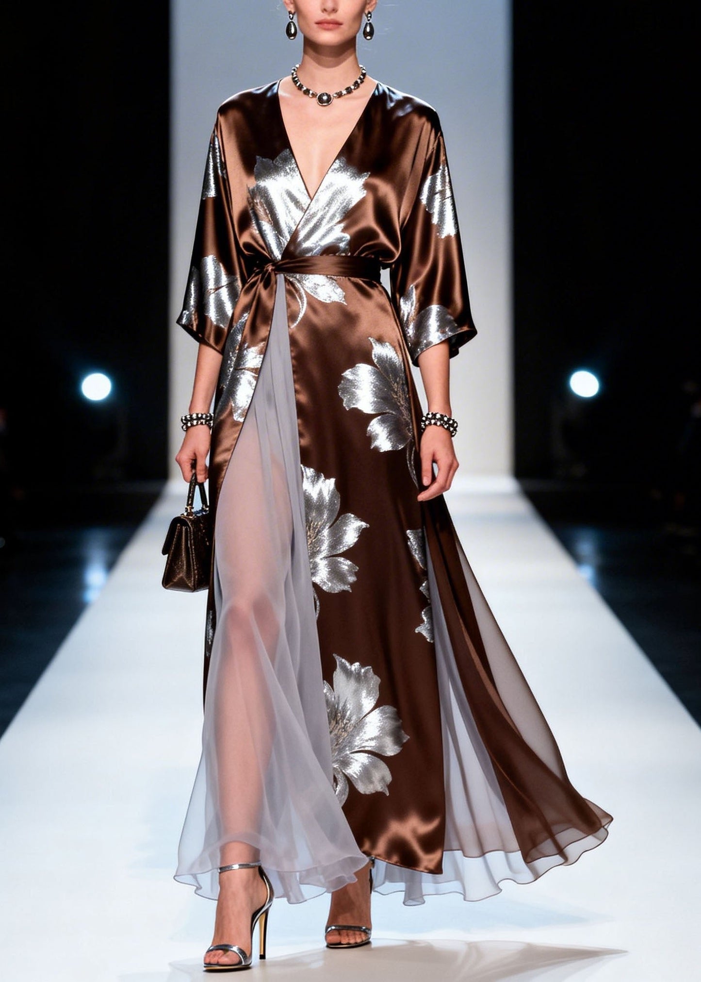 V Neck Print Patchwork Silk Dress Summer