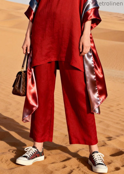 Red V Neck Patchwork Linen Silk Two Pieces Set Summer