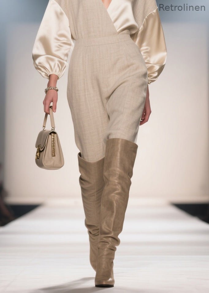 French V Neck Patchwork Linen Silk Jumpsuits Spring