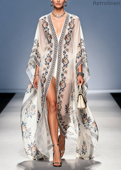 White Oversized Print Chiffon Upf 50+ Holiday Cardigans Summer