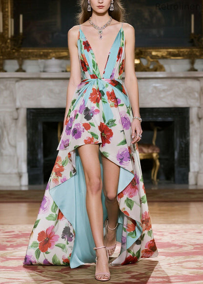 V Neck Print Low High Design Chiffon Spaghetti Strap Dress Summer